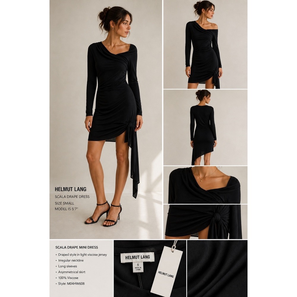 Helmut Lang Scala Drape Mini Dress S Basalt Black Asymmetrical NWT